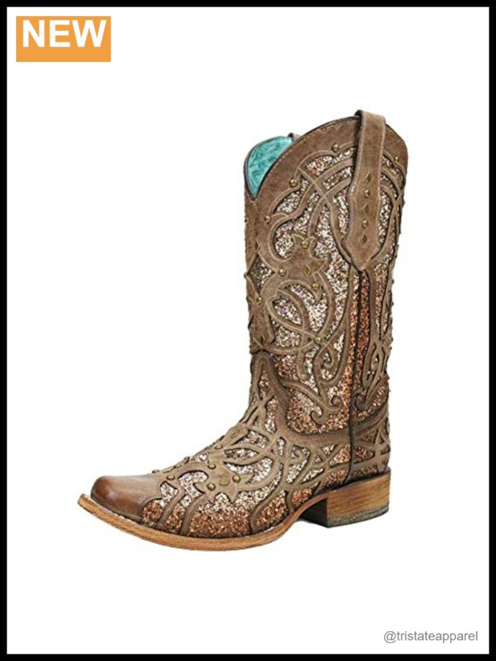 Knee High Cowboy Boots Square Toe Low Heel Glitter Embroidered Leather